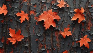 Autumnal Leaves on Dark Bark 4K Wallpaper for Desktop Background