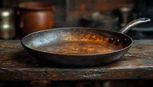 Vintage Iron Pan on Rustic Wood Kitchen Wallpaper, Free for Desktop
