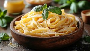 Delicious Pasta Wallpaper 4K: Fettuccine Alfredo in Wooden Bowl