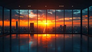 Sunset Cityscape from Office Window View 4K Desktop Wallpaper