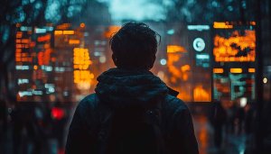 Cyberpunk Cityscape 4K Desktop Background Man Looking At Screens