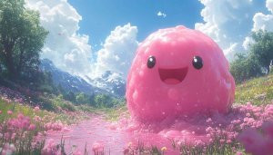 Pink Slime Character in Fantasy Landscape 4K Desktop Wallpaper