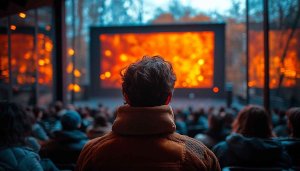 Crowded Movie Theater 4K Desktop Background Orange Screen Mobile Wallpaper