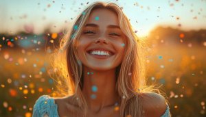 Confetti Celebration Blonde Girl Wallpaper 4K, Smiling Mobile Background