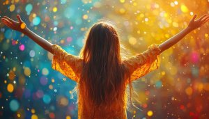 Girl with arms wide open colorful bokeh 4K desktop wallpaper
