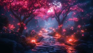 Pink Sakura Tree Forest Path 4K Desktop Background Wallpaper