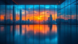 Modern Office Sunset Cityscape Mobile Wallpaper 4K Desktop Background