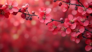 Red Quince Flowers Branch Desktop Background, Elegant Floral Mobile Wallpaper