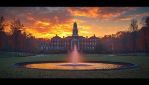 College Building Sunset Wallpaper 4K Desktop Background Autumn Trees Fountain