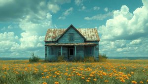 Rustic Abandoned House Field of Flowers Mobile Wallpaper Background