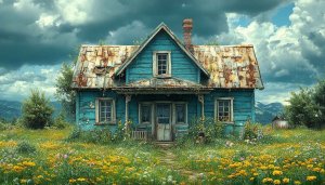 Rustic Blue House in Flower Field 4K Desktop Wallpaper