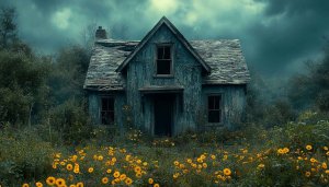 Abandoned House with Yellow Flowers Desktop Background Wallpaper