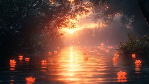 Golden Sunset River Lotus Flowers Scenery 4K Desktop Wallpaper