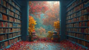 Autumn Library Room View 4K Desktop Background Fall Leaves Wallpaper