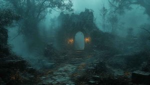 Mystical Forest Gate 4K Desktop Wallpaper, Dark Fantasy Background