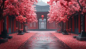 Chinese Garden Cherry Blossom Tree Red Lanterns Mobile Wallpaper 4K