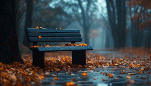 Rainy Autumn Park Bench 4K Desktop Wallpaper Mobile Background