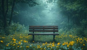 Misty Forest Park Bench Scene - Relaxing Nature Mobile Wallpaper