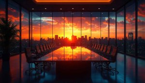 Cityscape Sunset View From Office Meeting Room Wallpaper 4K