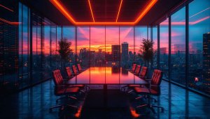 Sunset Cityscape Office 4K Desktop Wallpaper, Modern Meeting Room Background