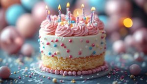 Birthday Cake 4K Wallpaper with Candles and Balloons Backdrop