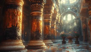 Ornate Stone Pillars Hallway 4K Desktop Background Art Wallpaper
