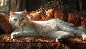 Majestic White Cat Lounging Wallpaper, Elegant Feline Desktop Background