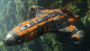 Orange Spaceship Wallpaper Flying Over Jungle 4K Desktop Background