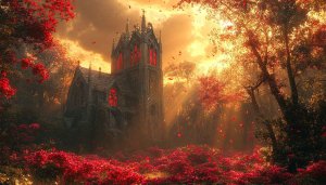 Fantasy Gothic Church Autumn Red Leaves 4K Desktop Wallpaper