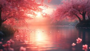 Pink Cherry Blossom Tree Lake Scenery 4K Desktop Wallpaper