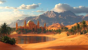 Desert Mosque Landscape Wallpaper, Oasis Scene, 4K Desktop Background