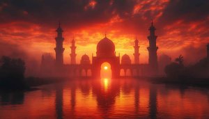 Fiery Mosque Sunset Reflection 4K Desktop Background Mobile Wallpaper