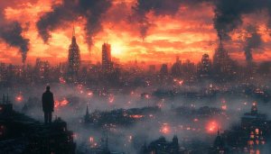 Dystopian Cityscape 4K Wallpaper Man Silhouette Orange Sky Background