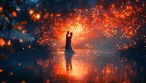 Romantic Couple Lake 4K Mobile Wallpaper, Glowing Fairytale Night