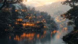 Glowing Forest Village 4K Desktop Wallpaper, Magical Landscape Background