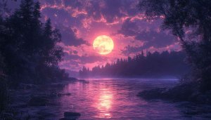 Pink Moon River Landscape Scenery 4K Desktop Wallpaper Background