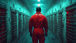 Man in Red Jumpsuit Prison Hallway 4K Desktop Wallpaper