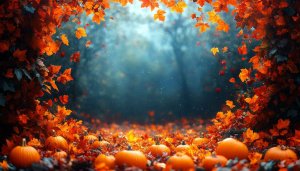 Autumn Pumpkin Patch Leaves Aesthetic 4K Desktop Wallpaper