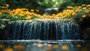 Yellow Flowers Small Waterfall Nature Serene Scenery Desktop Wallpaper