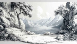 Monochrome Mountain Lake Scenery Wallpaper for Desktop Background Use