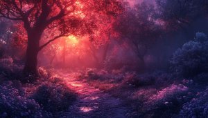 Red Fantasy Forest Path Wallpaper 4K Desktop Mobile Background
