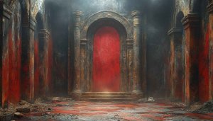 Ancient Ruined Temple with Red Door 4K Desktop Wallpaper