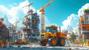 Construction Site Wallpaper: Cranes, Trucks, Buildings - Free Desktop Background