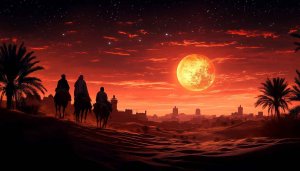Arabian Desert Night Camel Riders Moon 4K Desktop Wallpaper