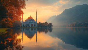 Scenic Mosque Lake Reflection 4K Wallpaper Free Mobile Background