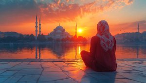 Muslim Woman Sunset View Istanbul Mosque Cityscape 4K Wallpaper
