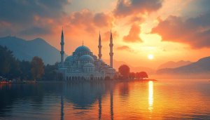 Beautiful Mosque Lake Sunset 4K Desktop Mobile Wallpaper Free