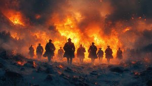 Revolutionary War Soldiers Marching Through Fire 4K Desktop Wallpaper