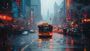 Snowy New York City Street Bus Mobile Wallpaper Background