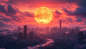 Fiery Sunset Cityscape 4K Desktop Wallpaper, Red Glowing Sky Background